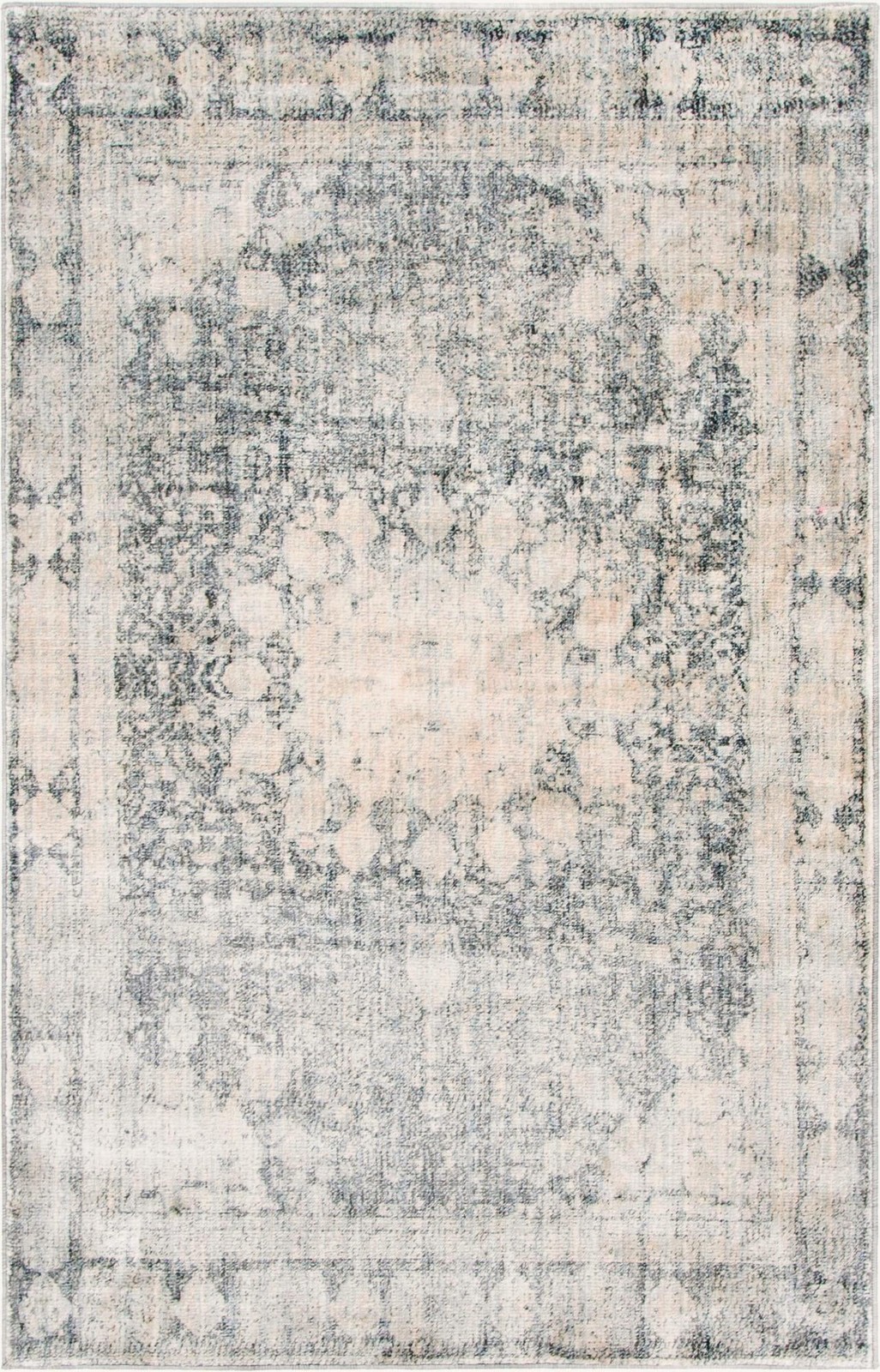 5' x 8' Derwent · Distressed medallion rug, gray and ivory