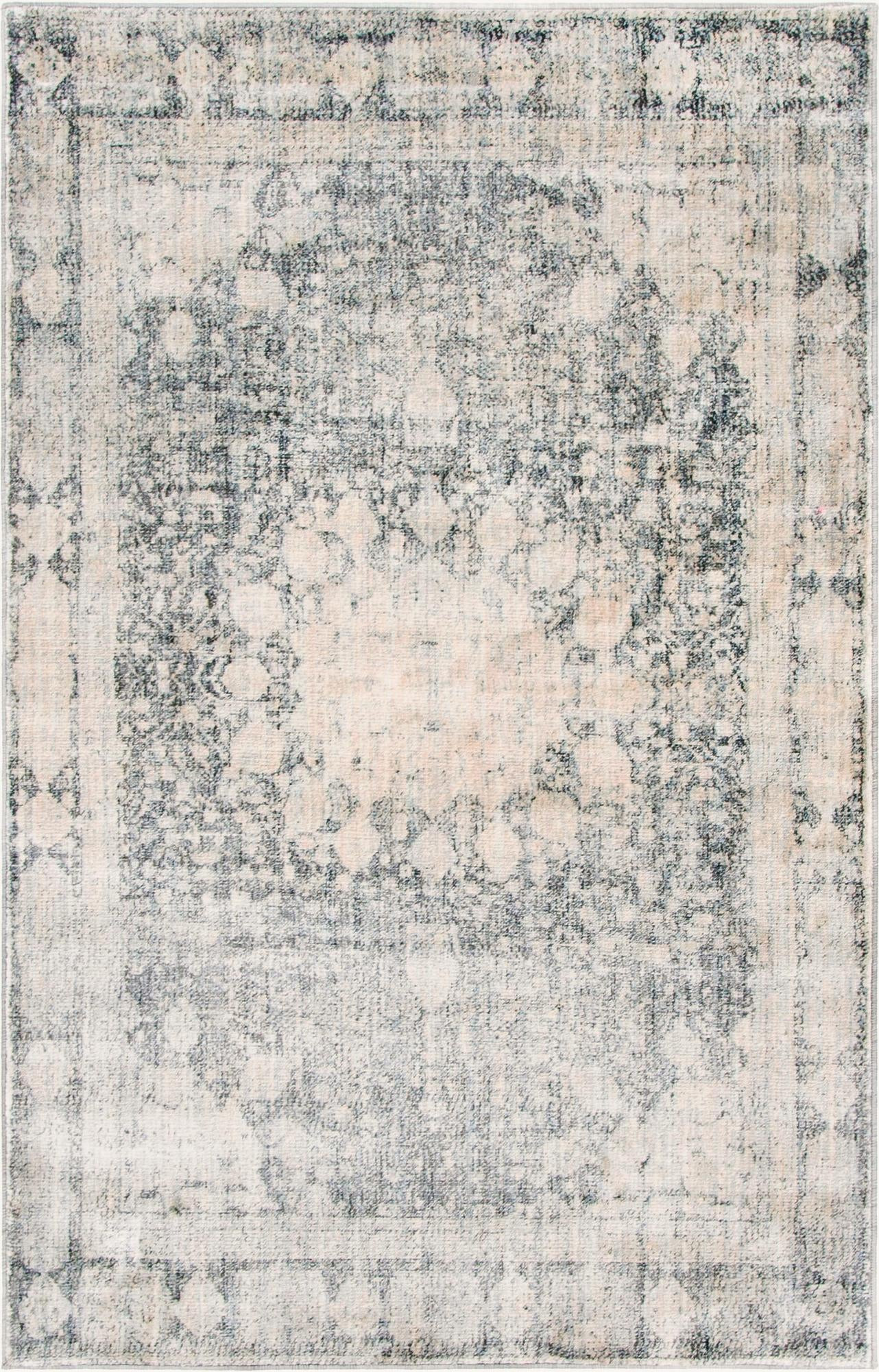5' x 8' Derwent · Distressed medallion rug, gray and ivory