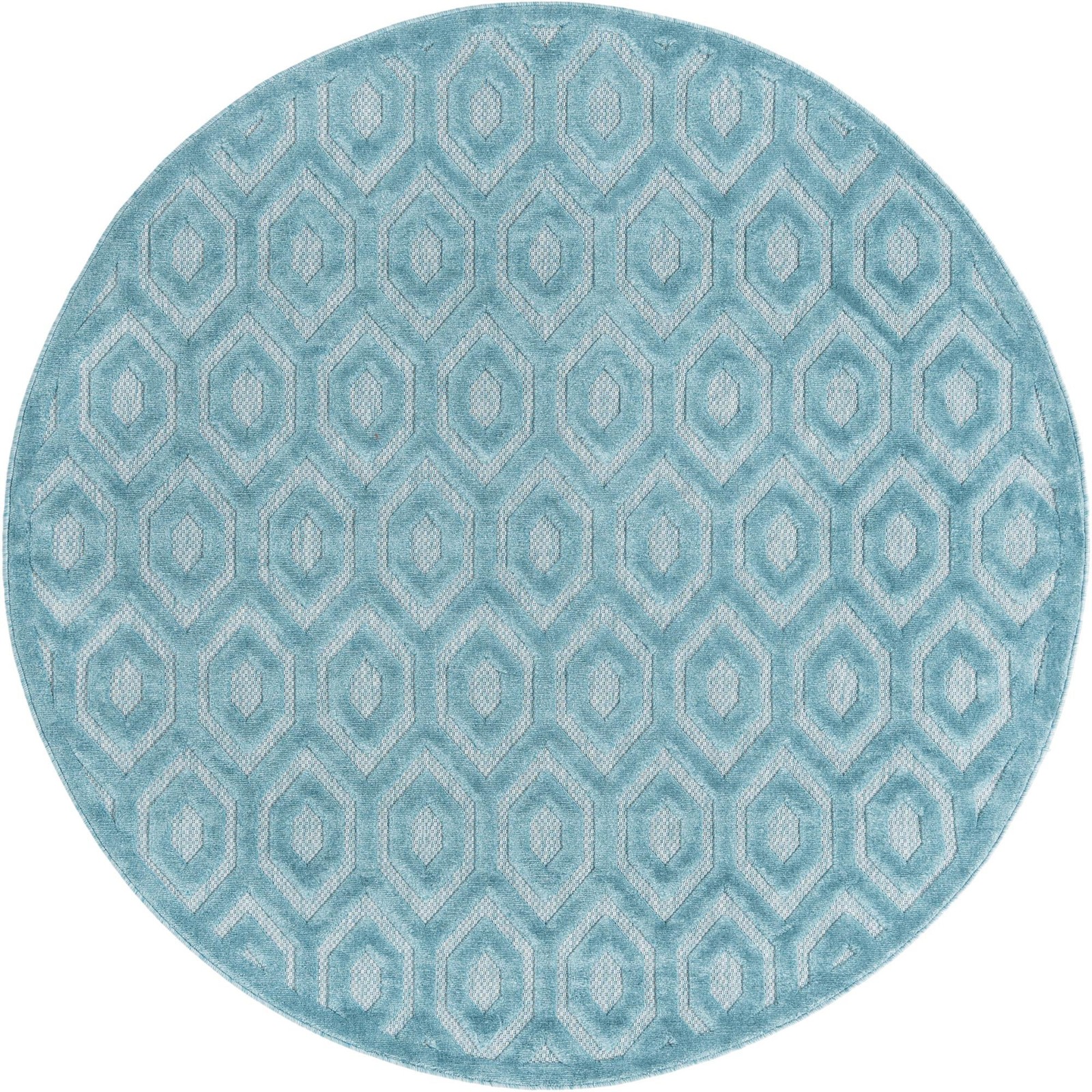 7' x 7' Roanoke · Geometric diamond Outdoor Rug, aqua and ivory