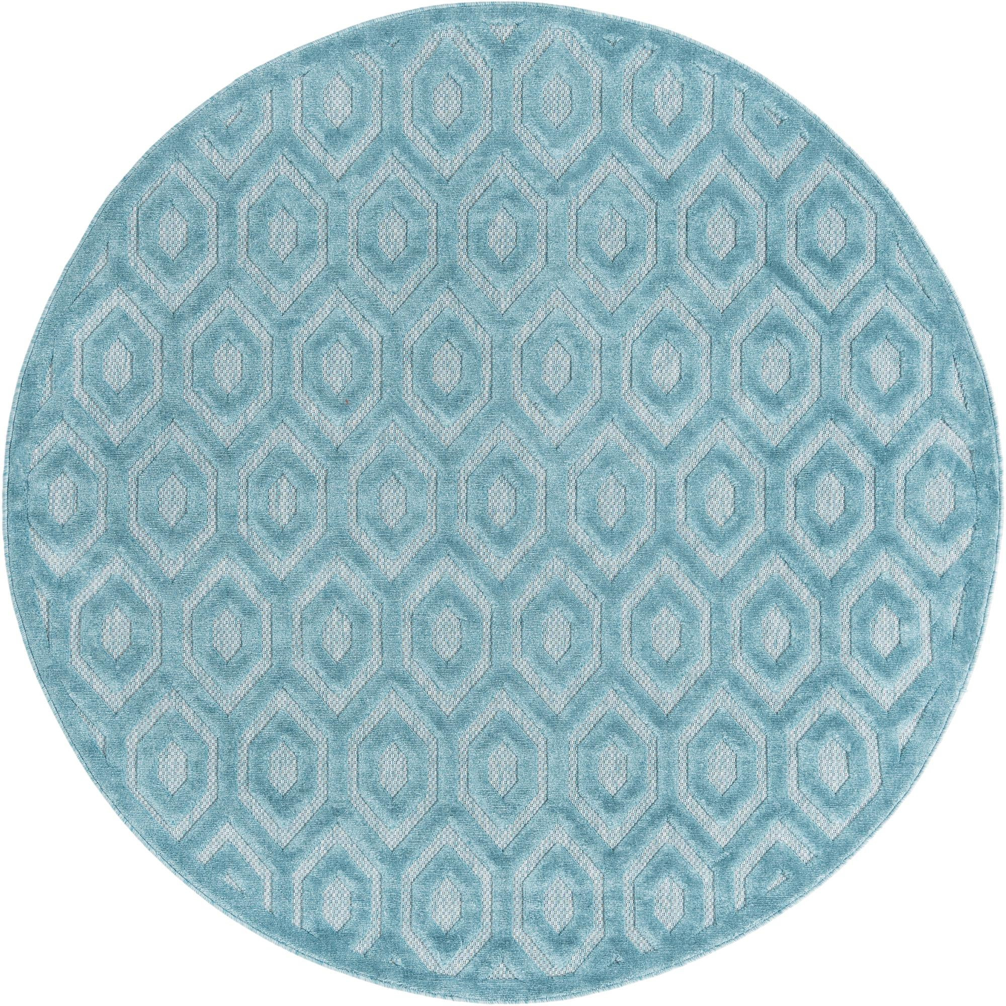 7' x 7' Roanoke · Geometric diamond Outdoor Rug, aqua and ivory
