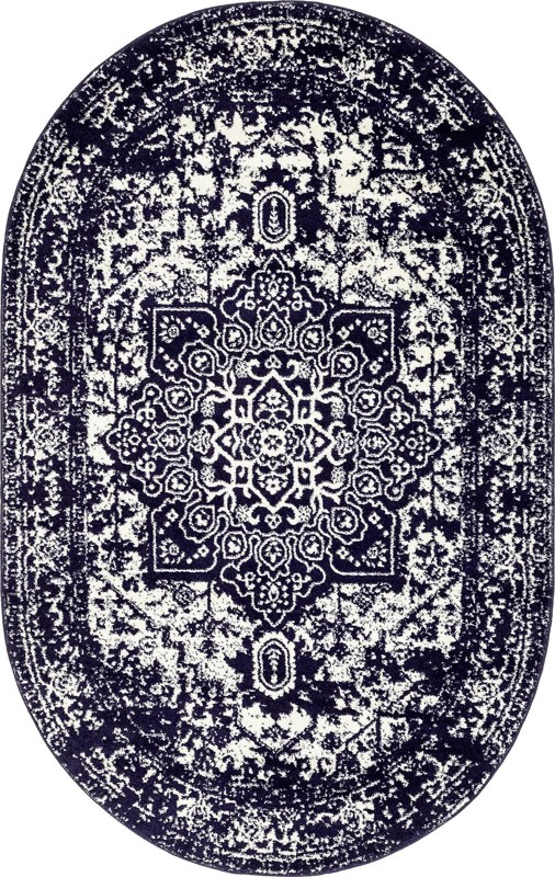 5' 3 x 8' Birch · Distressed medallion rug, navy and ivory