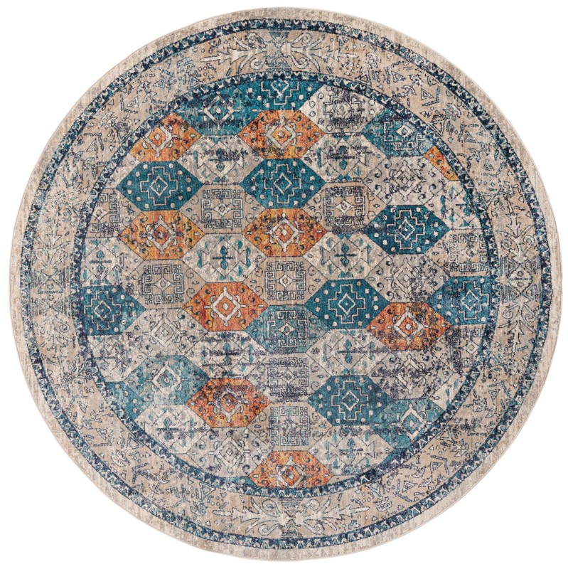 7' 10 x 7' 10 Keane · Diamond rug, blue and rust