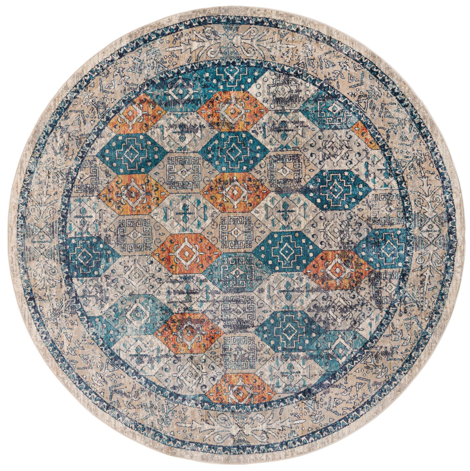 7' 10 x 7' 10 Keane · Diamond rug, blue and rust