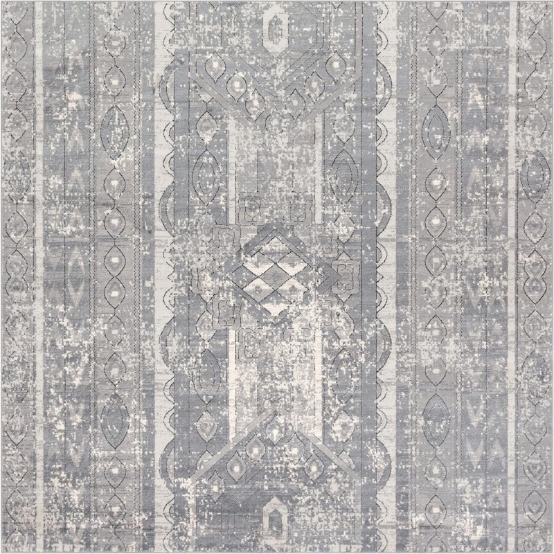 7' 10 x 7' 10 Grouse · Geometric tribal rug, gray and ivory