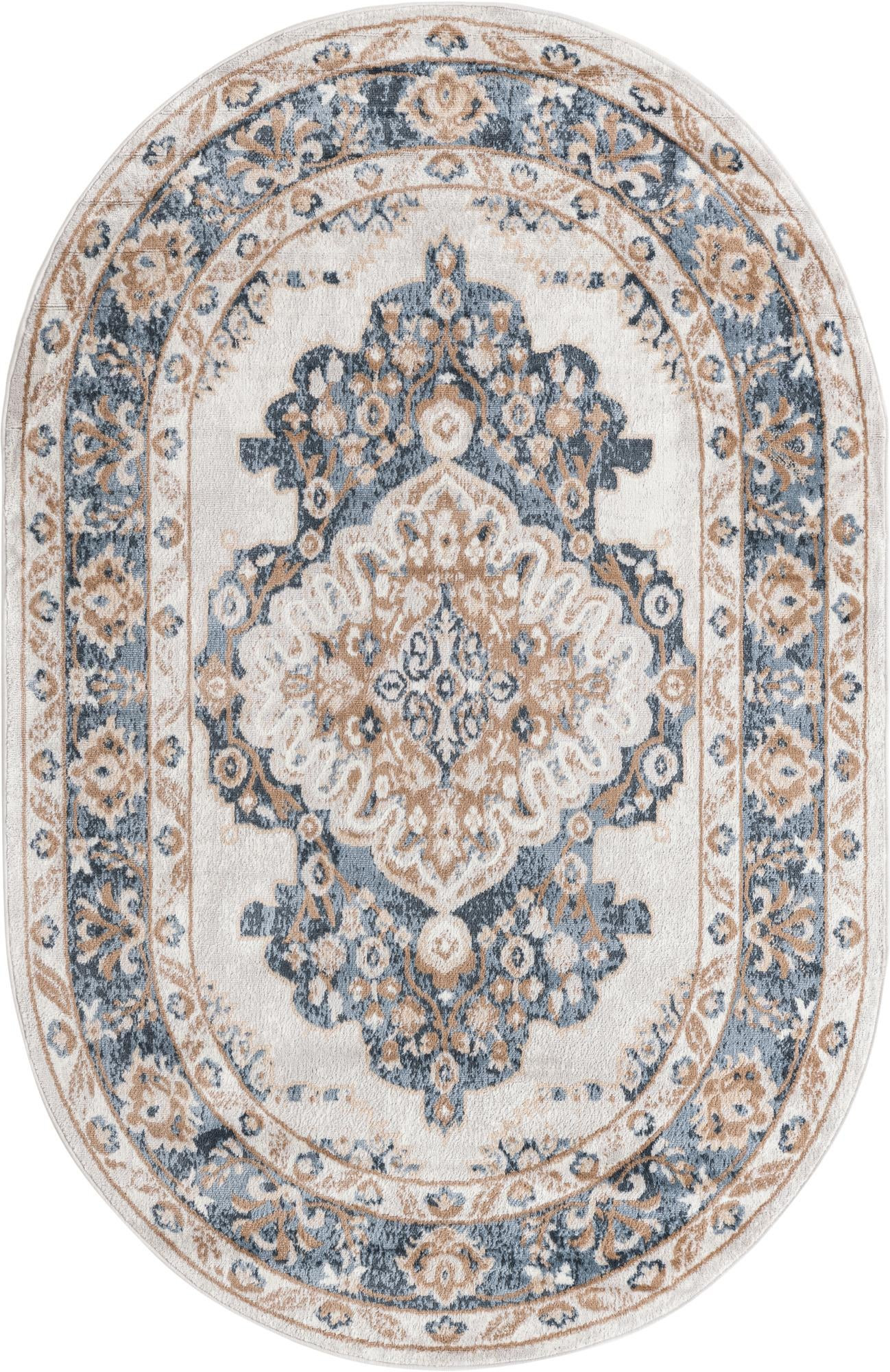 5' x 8' Curlew · Medallion rug, cream and blue