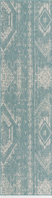 2' 7 x 12' Wildman · Tribal geometric Outdoor Rug, aqua and ivory