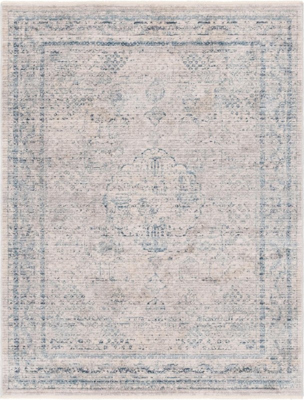 4' x 5' 7 Meridian · Faded medallion rug, ivory and blue
