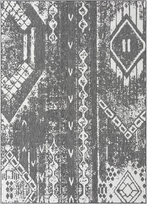 7' x 10' Wildman · Tribal geometric Outdoor Rug, charcoal and ivory