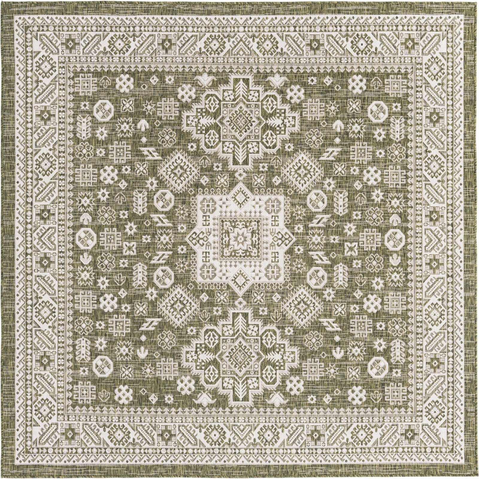 7' 10 x 7' 10 Bellamy · Geometric medallion Outdoor Rug, green and ivory
