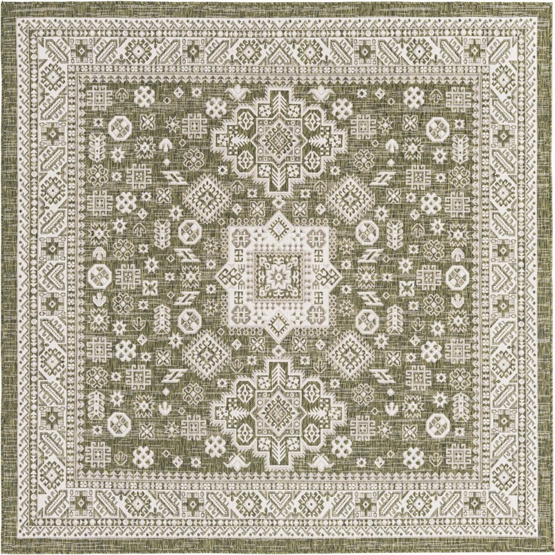 7' 10 x 7' 10 Bellamy · Geometric medallion Outdoor Rug, green and ivory