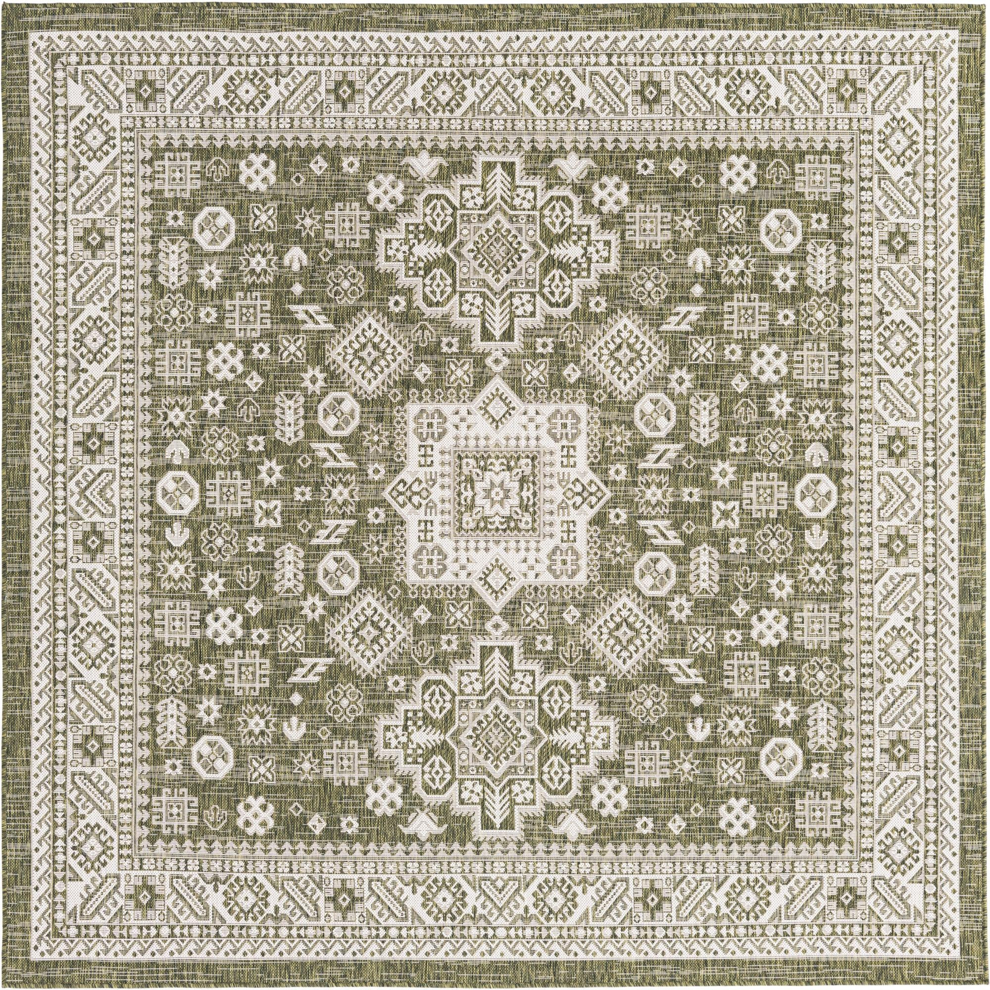 7' 10 x 7' 10 Bellamy · Geometric medallion Outdoor Rug, green and ivory