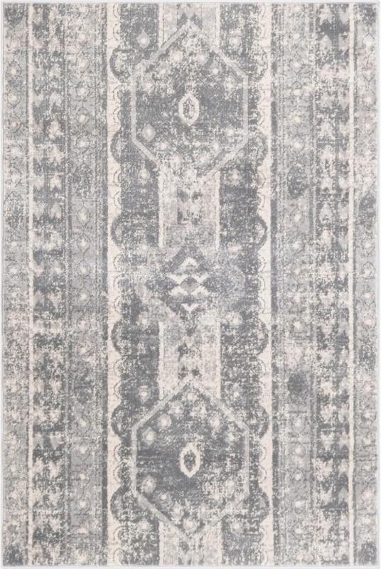 4' x 6' Grouse · Geometric tribal rug, gray and ivory