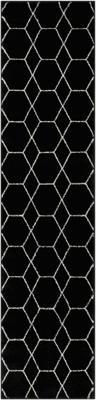 2' x 9' Galloway · Geometric lattice rug, black and ivory