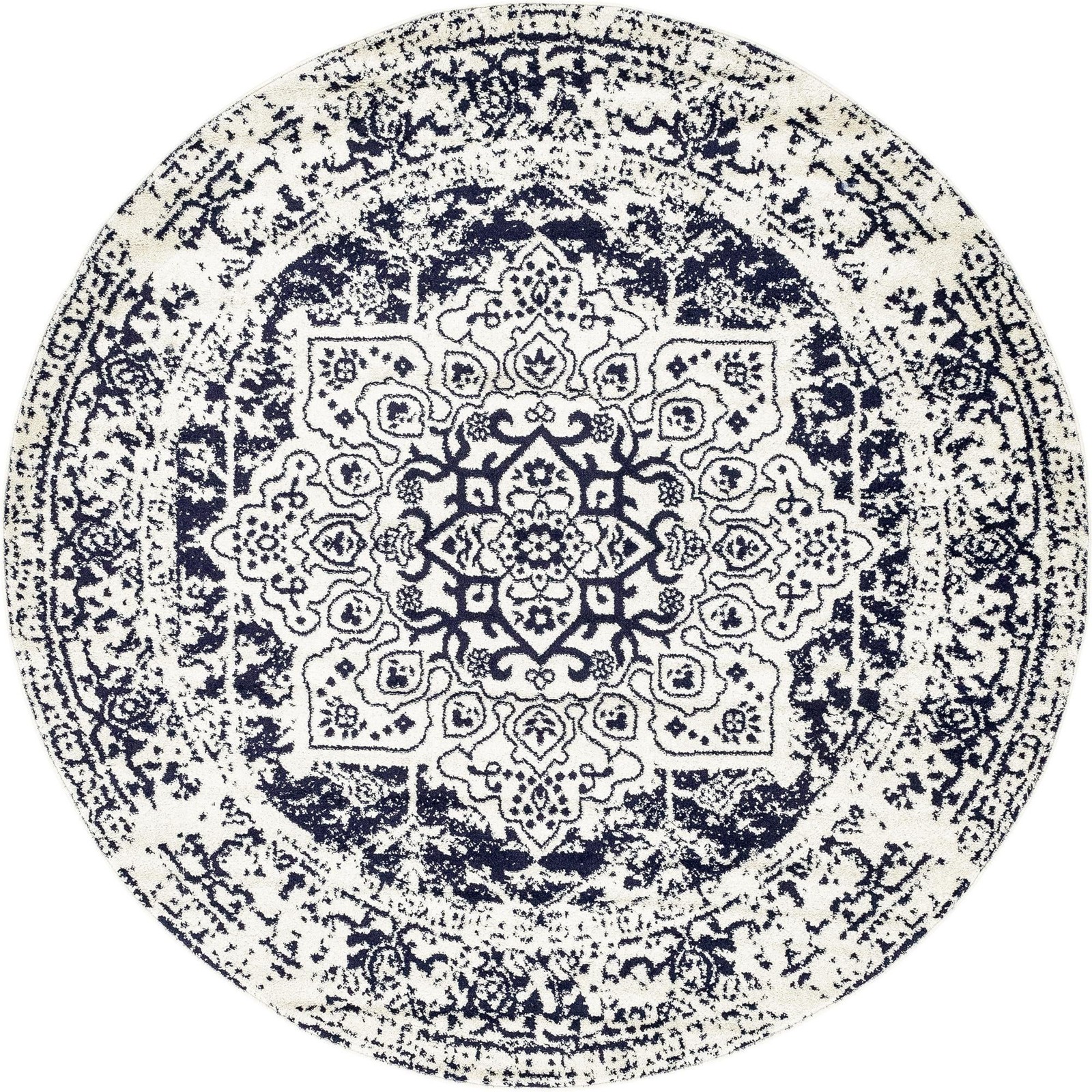 7' 10 x 7' 10 Birch · Distressed medallion rug, blue and ivory
