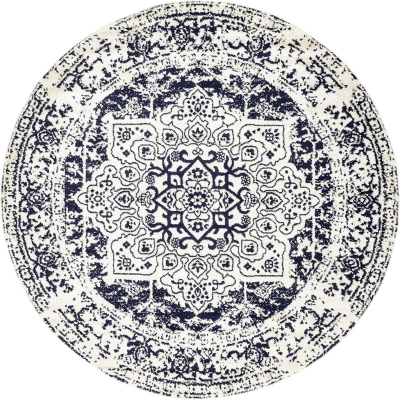 7' 10 x 7' 10 Birch · Distressed medallion rug, blue and ivory