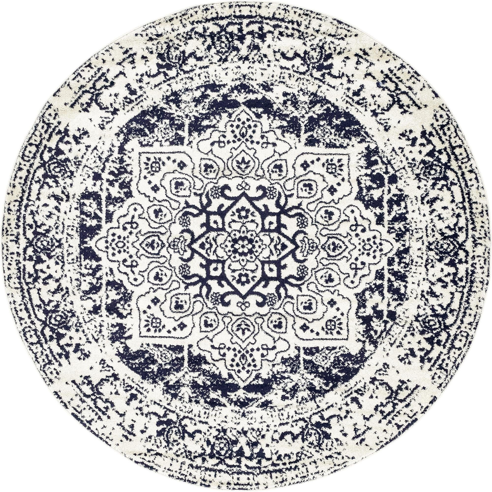 7' 10 x 7' 10 Birch · Distressed medallion rug, blue and ivory
