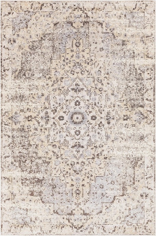 5' x 8' Garnet · Distressed medallion rug, gray and cream