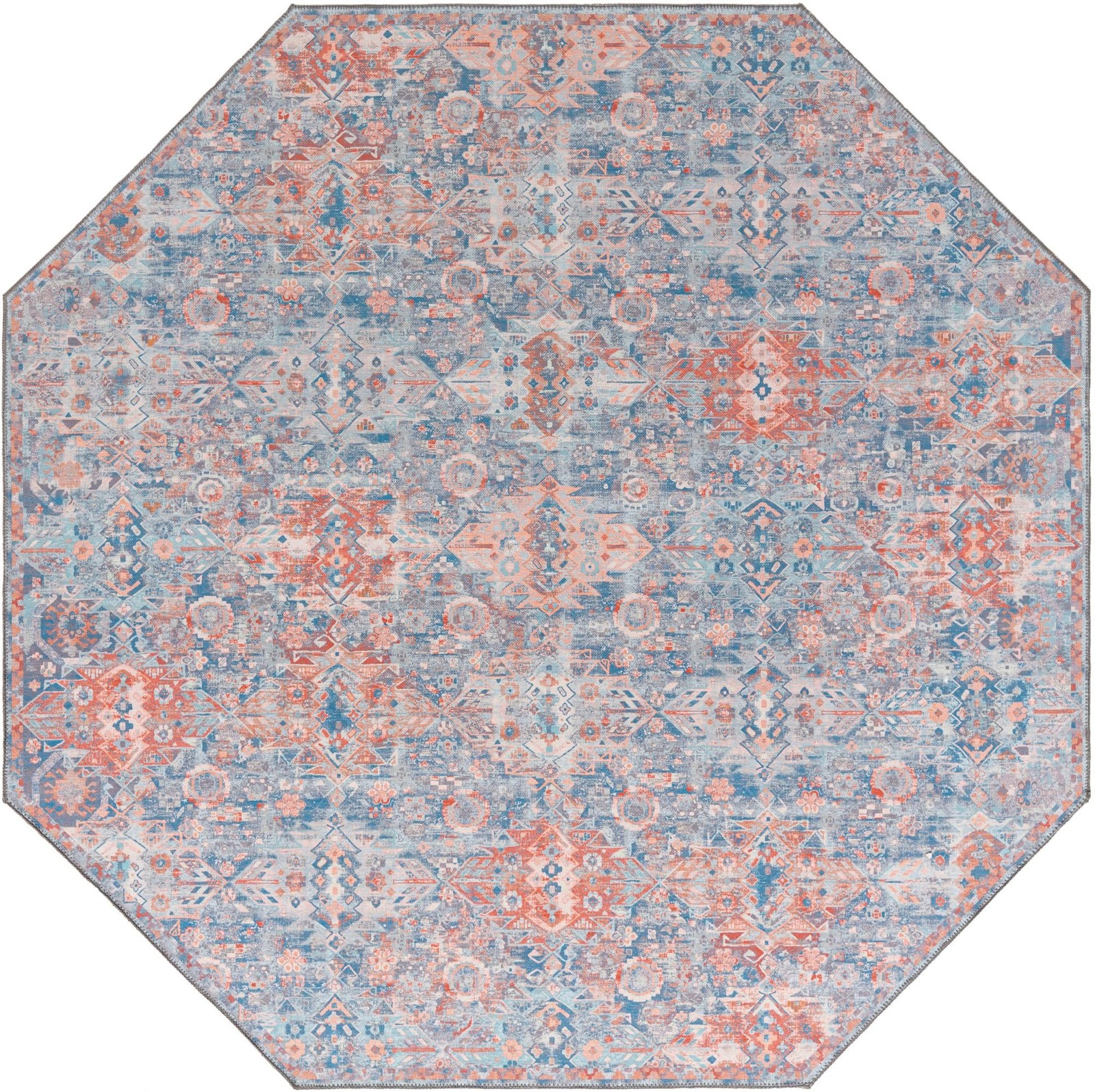 7' 7 x 7' 7 Waters · Geometric medallion Washable Rug, blue and rust