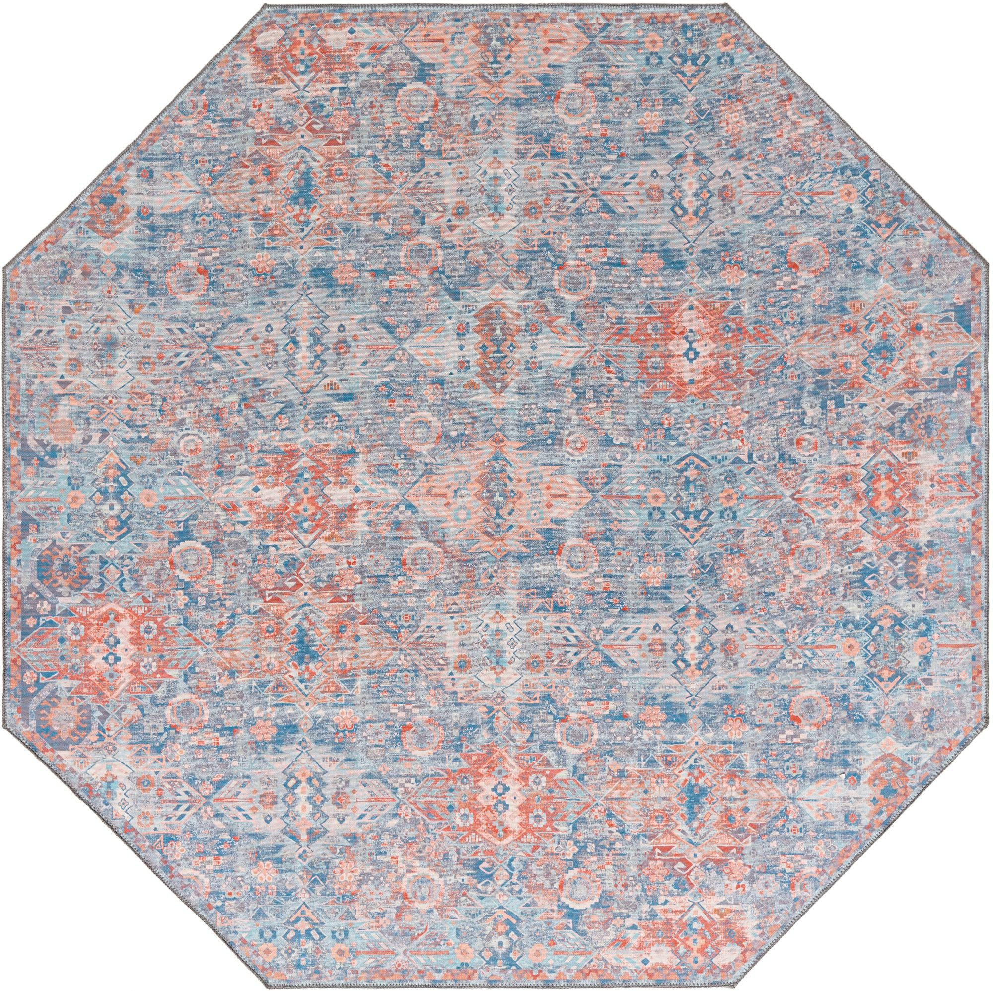 7' 7 x 7' 7 Waters · Geometric medallion Washable Rug, blue and rust