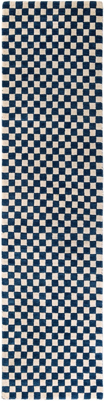 2' 7 x 10' Haggard · Checkerboard Wool Rug, blue and off-white