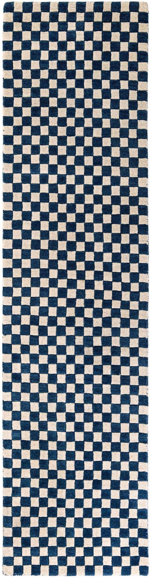 2' 7 x 10' Haggard · Checkerboard Wool Rug, blue and off-white