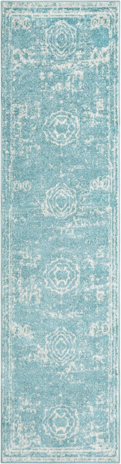 2' 7 x 10' Benedict · Distressed medallion rug, aqua and ivory