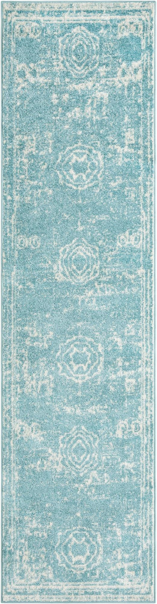 2' 7 x 10' Benedict · Distressed medallion rug, aqua and ivory