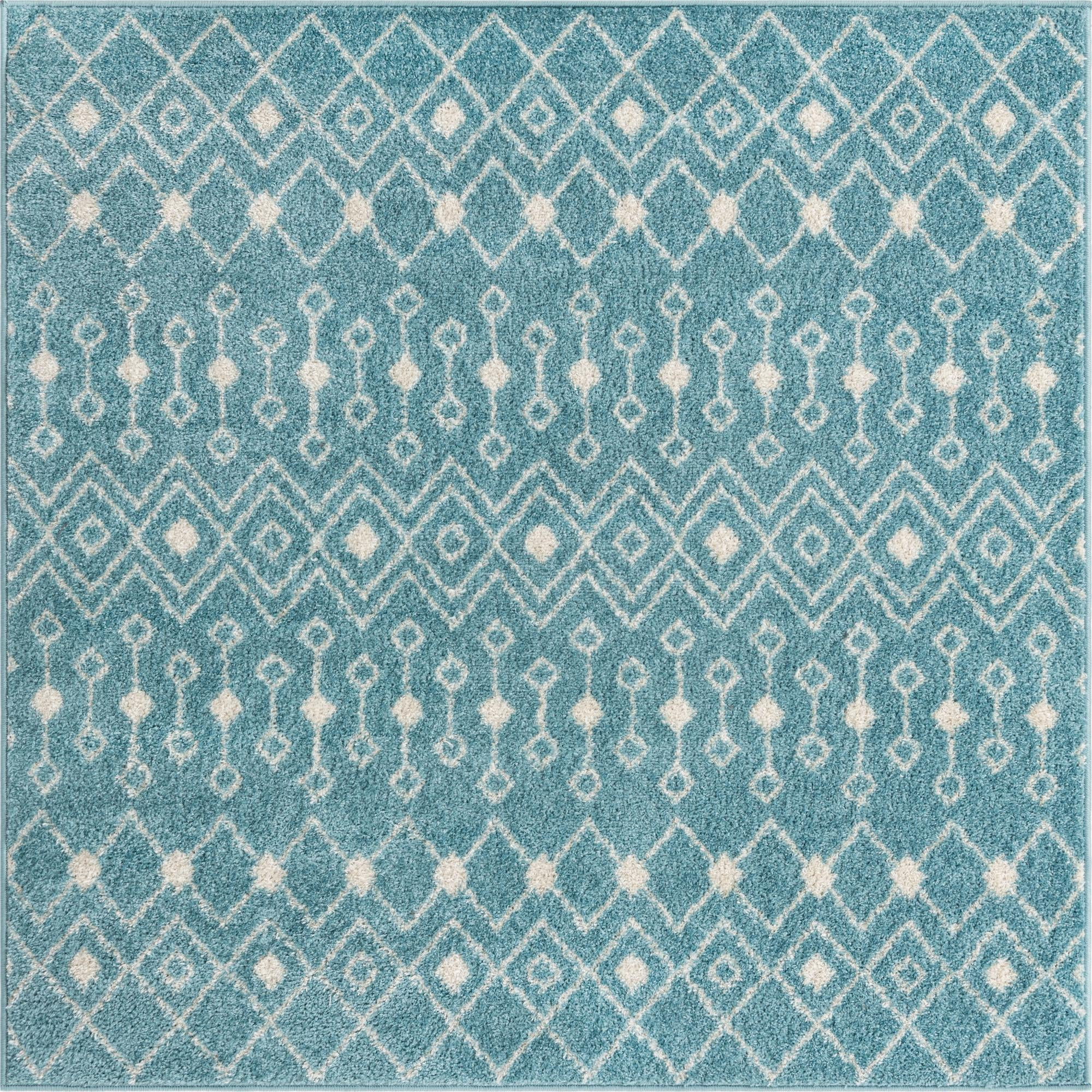 5' 3 x 5' 3 Boswell · Geometric trellis rug, aqua and ivory