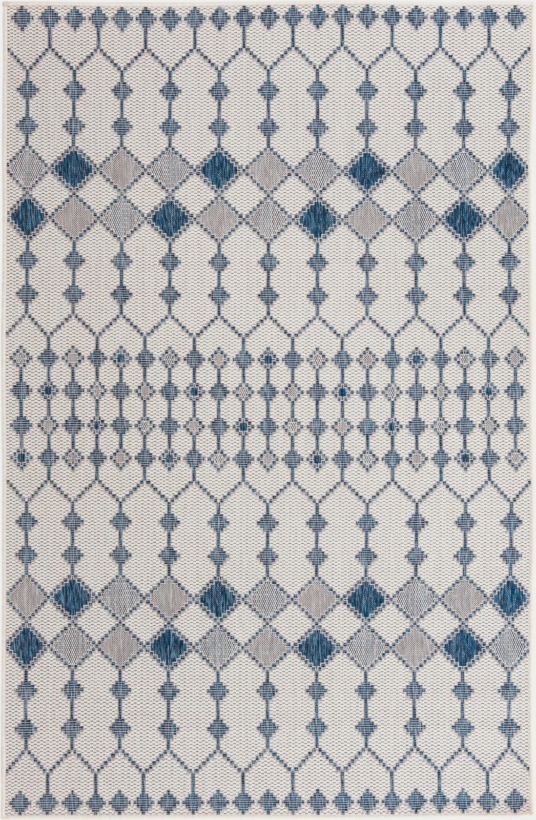5' 3 x 8' Ramsden · Geometric lattice Outdoor Rug, blue and ivory