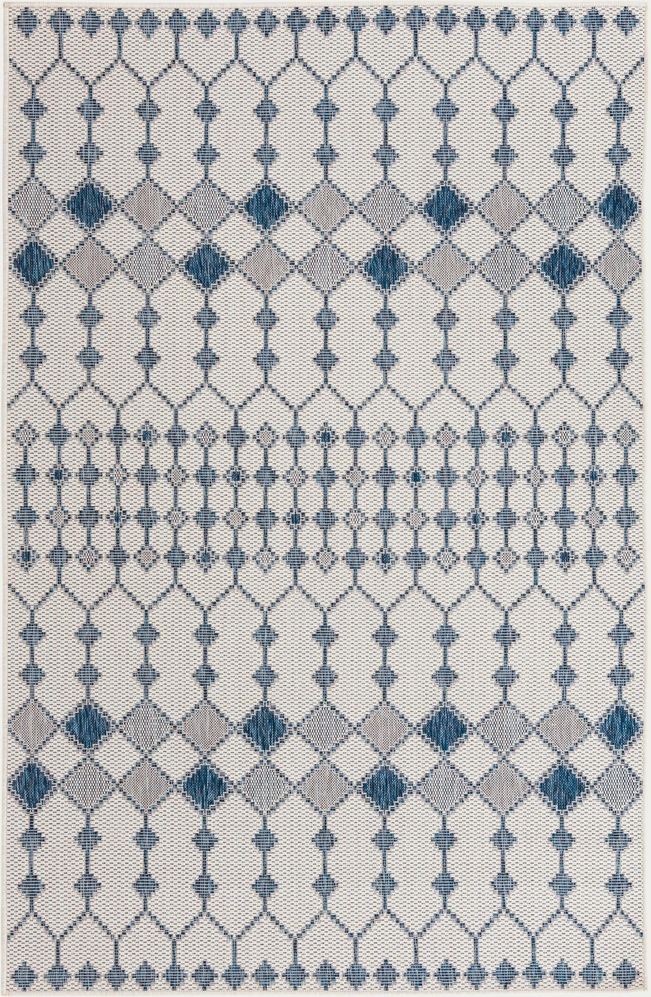 5' 3 x 8' Ramsden · Geometric lattice Outdoor Rug, blue and ivory