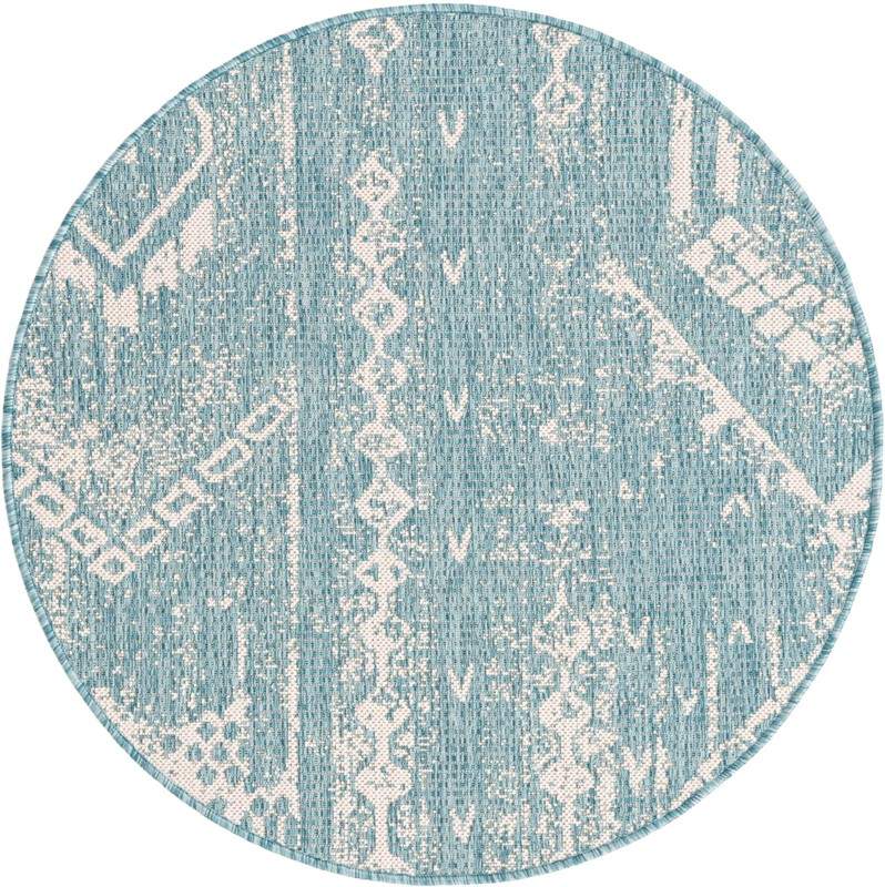 3' x 3' Wildman · Tribal geometric Outdoor Rug, aqua and ivory
