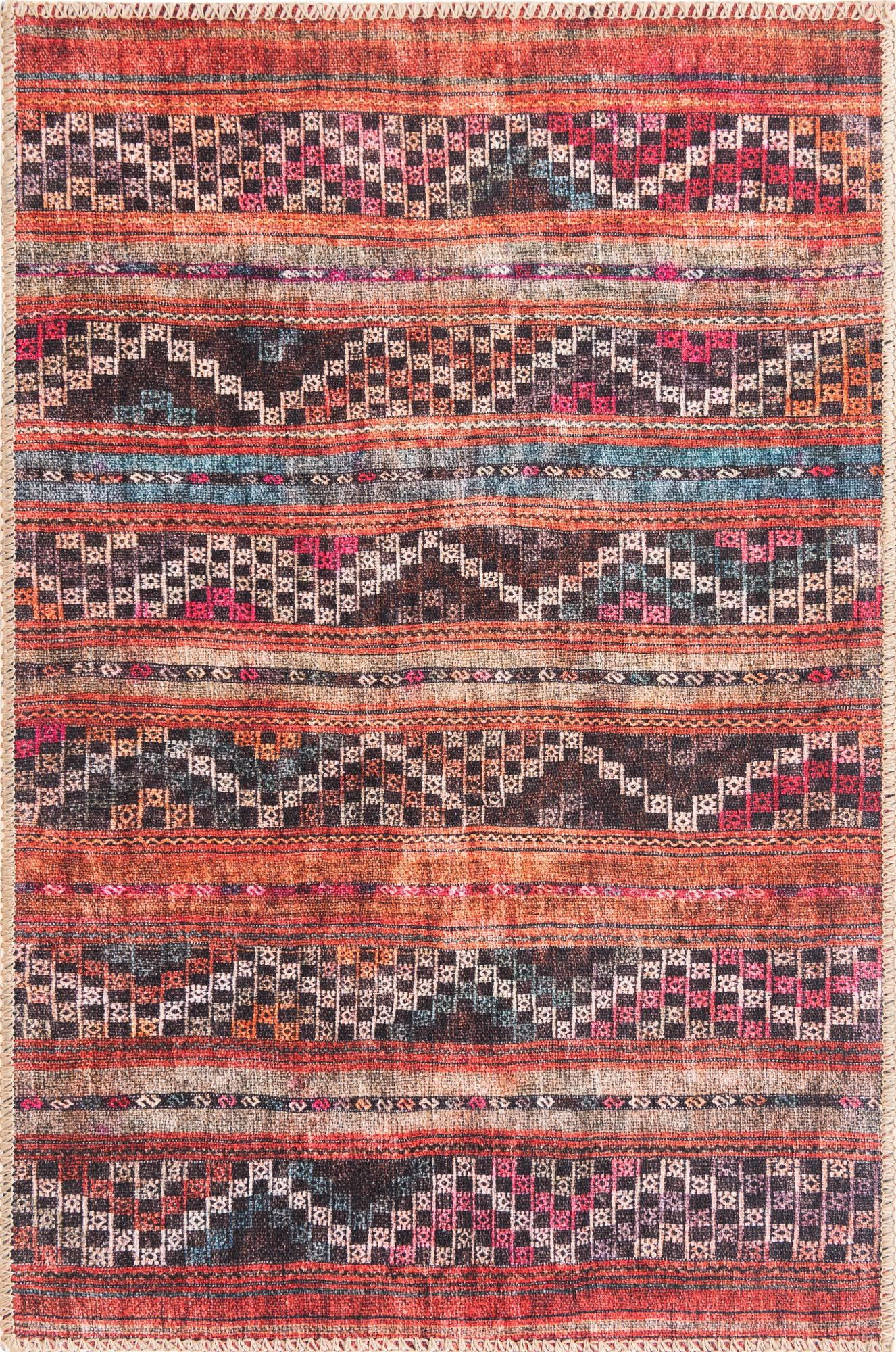 2' x 3' Wetherby · Tribal striped Washable Rug, rust and black