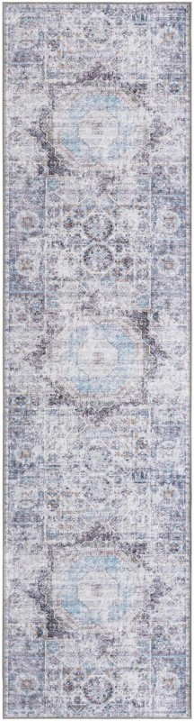 2' 7 x 10' Cinnabar · Distressed medallion rug, ivory and purple
