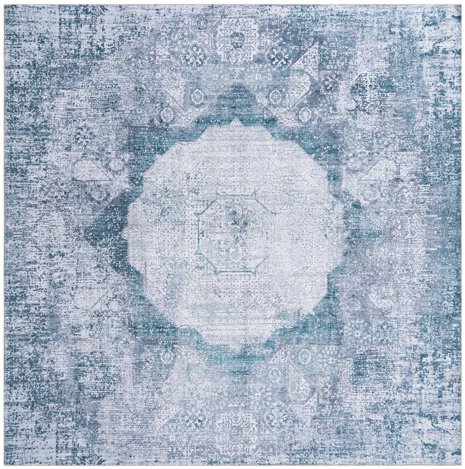 7' 10 x 7' 10 Fallowfield · Distressed medallion Washable Rug, teal and ivory