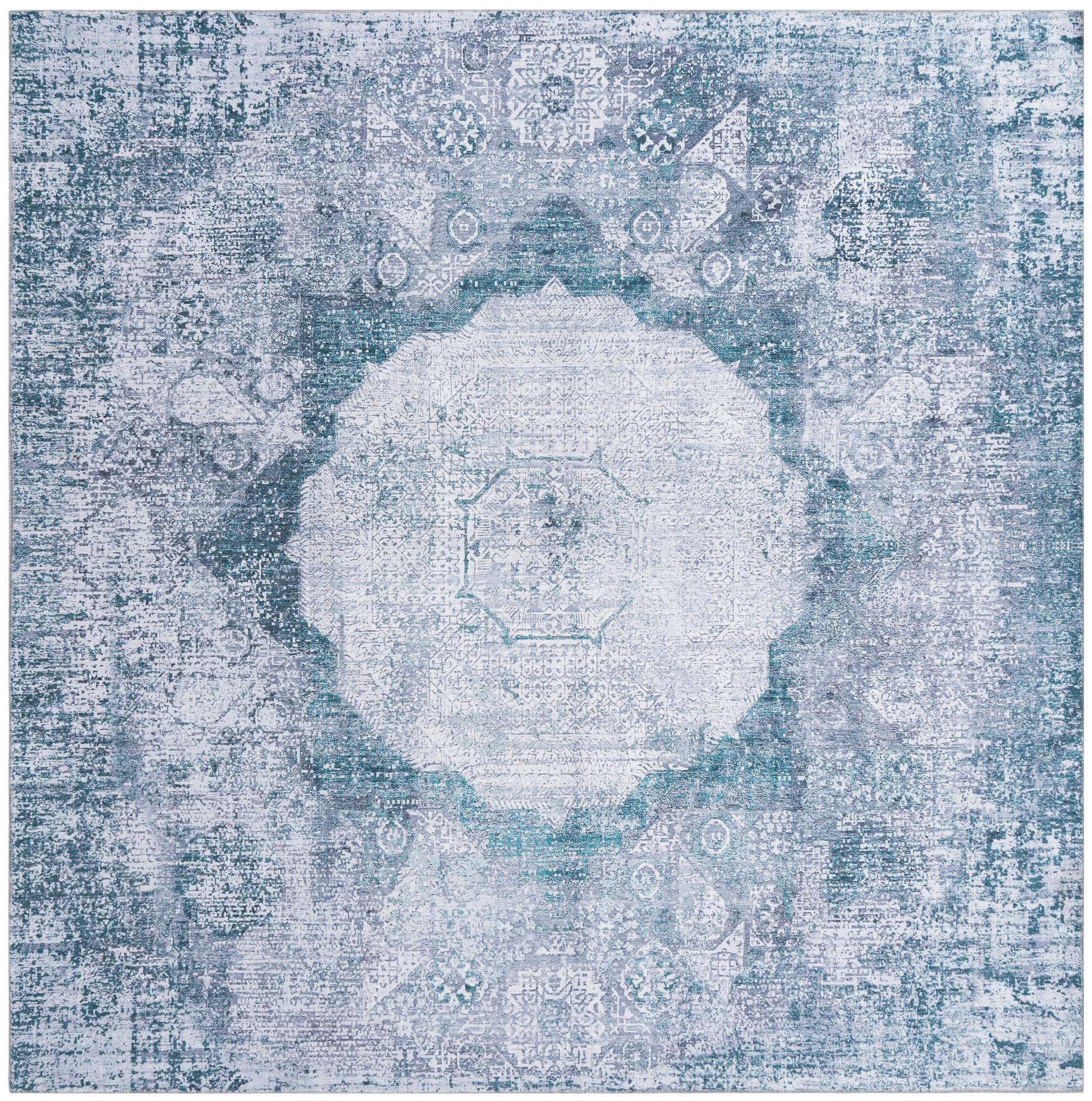 7' 10 x 7' 10 Fallowfield · Distressed medallion Washable Rug, teal and ivory
