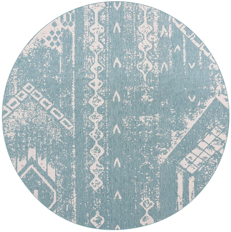 13' x 13' Wildman · Tribal geometric Outdoor Rug, aqua and ivory