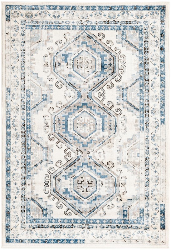4' x 6' Harmon · Geometric medallion rug, aqua and ivory