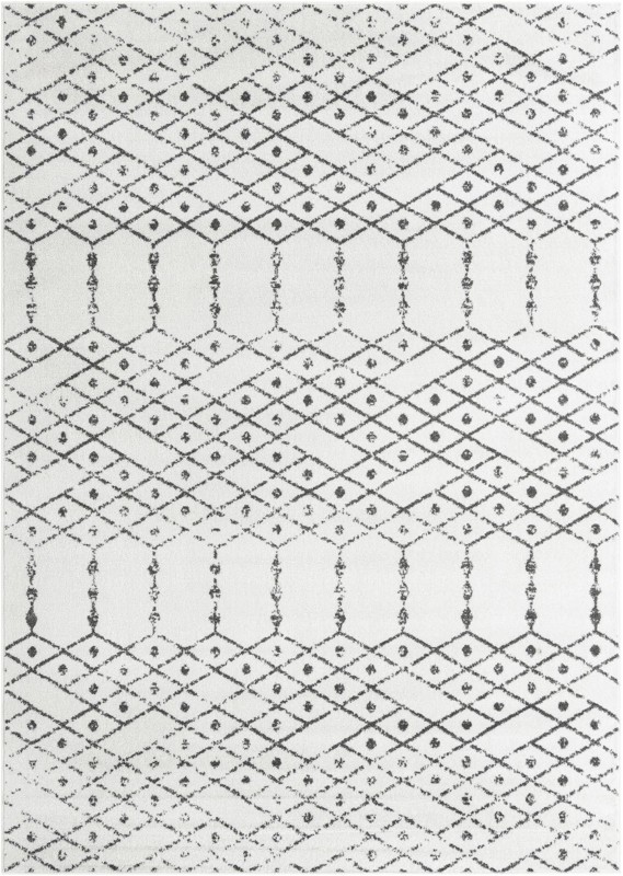 7' x 10' Newcomb · Geometric lattice rug, ivory and charcoal