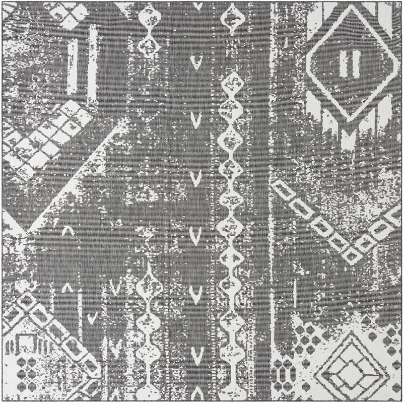 10' 8 x 10' 8 Wildman · Tribal geometric Outdoor Rug, charcoal and ivory