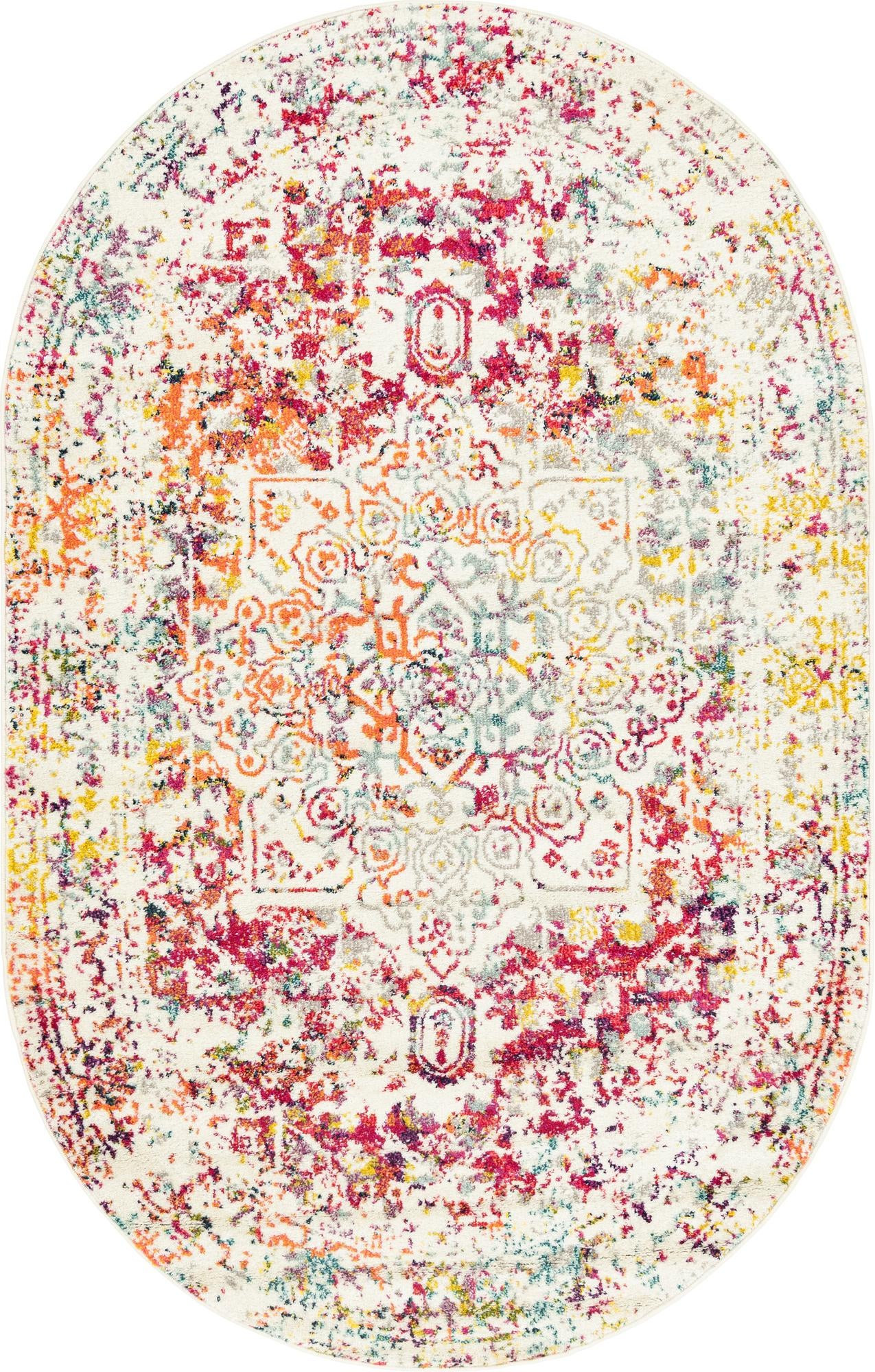 5' 3 x 8' Birch · Distressed medallion rug, ivory and multi