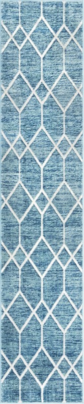 2' 7 x 13' Thatcher · Geometric trellis rug, blue and ivory