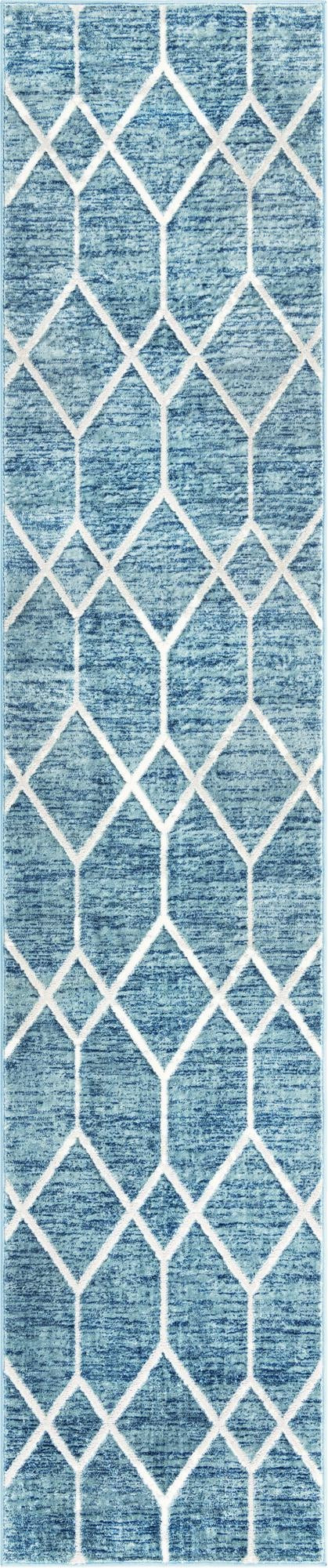 2' 7 x 13' Thatcher · Geometric trellis rug, blue and ivory