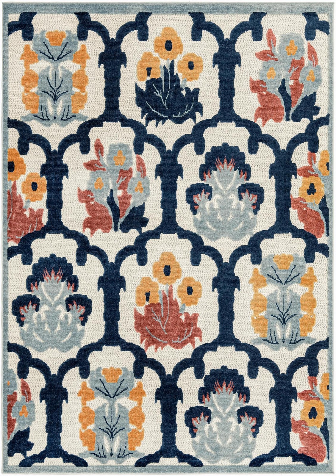 7' x 10' Bandera · Floral lattice Outdoor Rug, ivory and navy