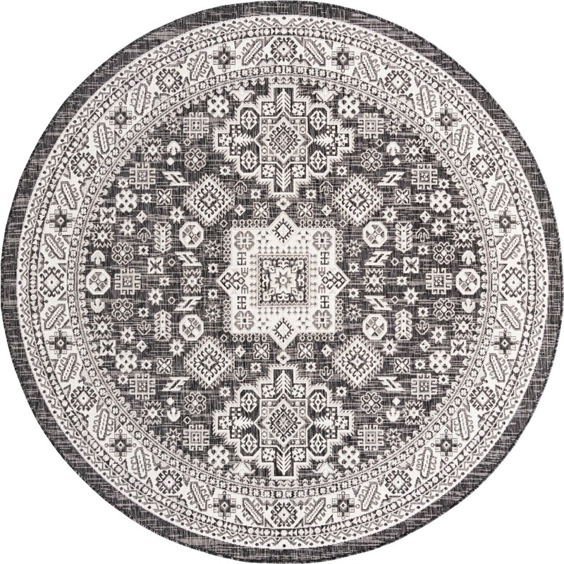 7' 10 x 7' 10 Bellamy · Tribal medallion Outdoor Rug, charcoal and ivory