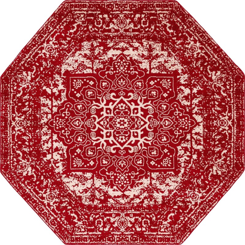 Birch · Distressed medallion rug, red and ivory