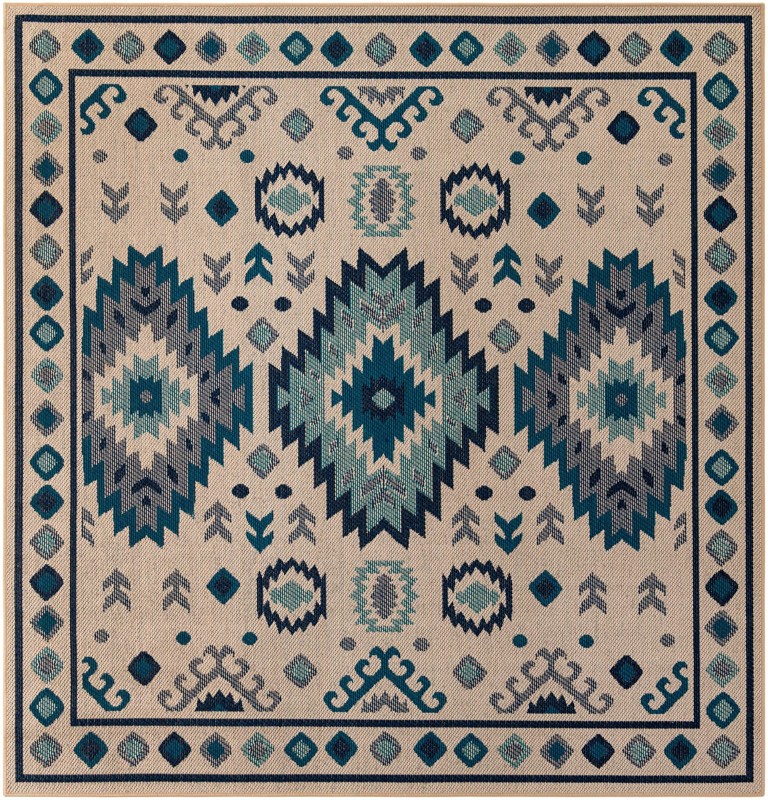 Whitfield · Geometric tribal Outdoor Rug, beige and blue