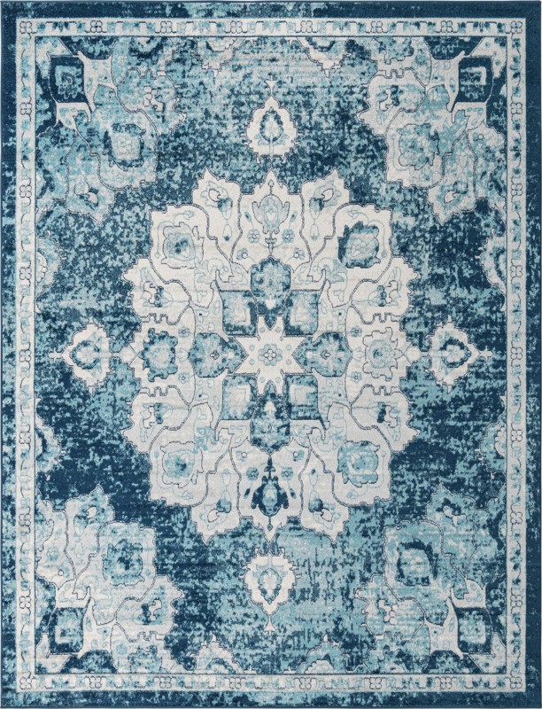 Nettle · Distressed medallion rug, blue and ivory