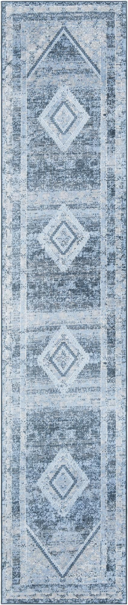 2' 7 x 12' Redwing · Diamond runner Washable Rug, blue and ivory