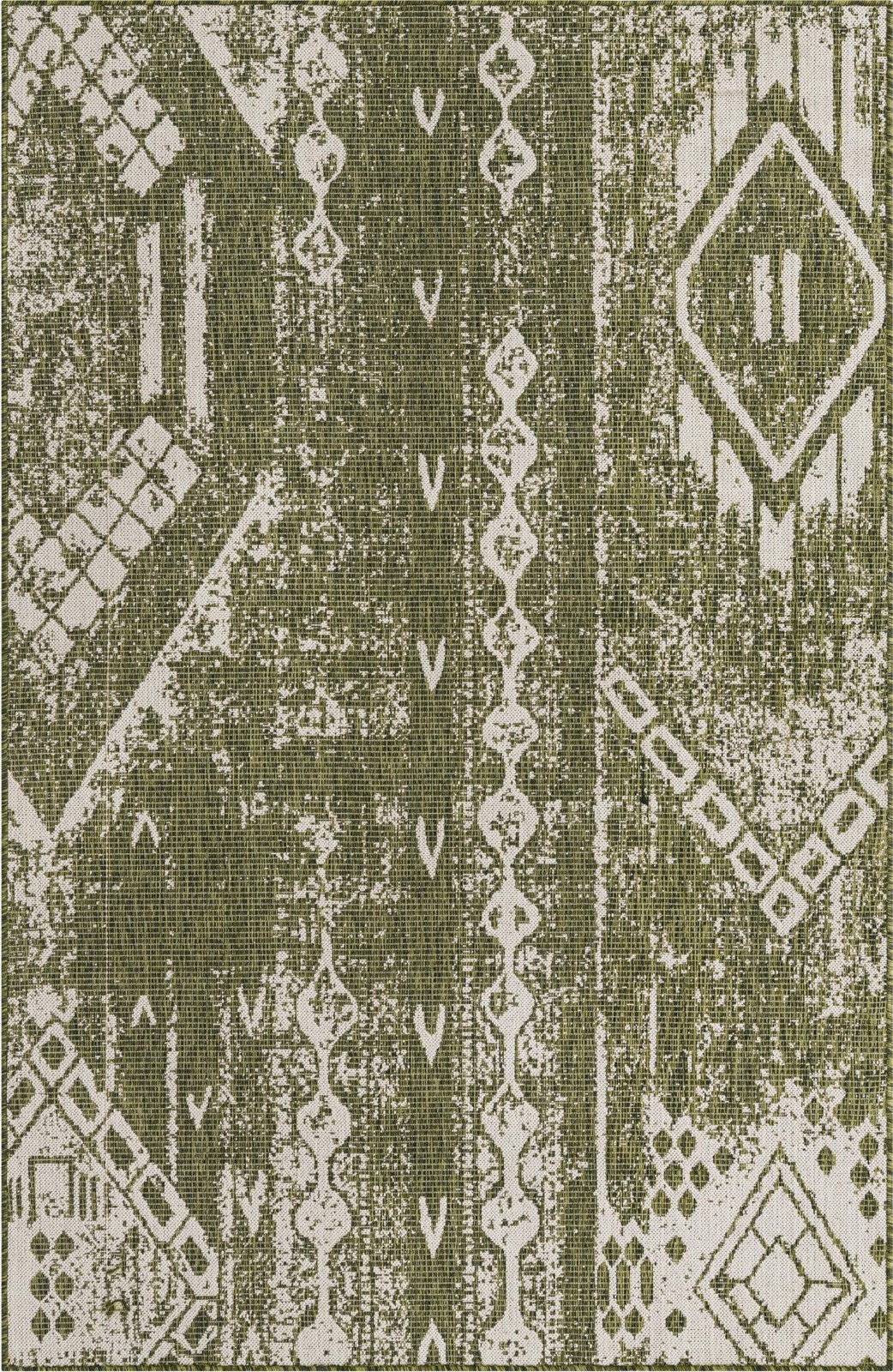 5' 3 x 8' Wildman · Geometric Outdoor Rug, green and ivory
