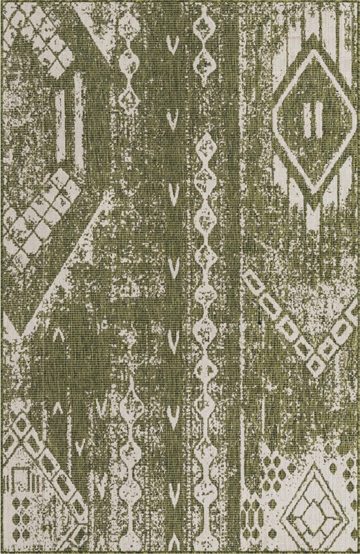 5' 3 x 8' Wildman · Geometric Outdoor Rug, green and ivory